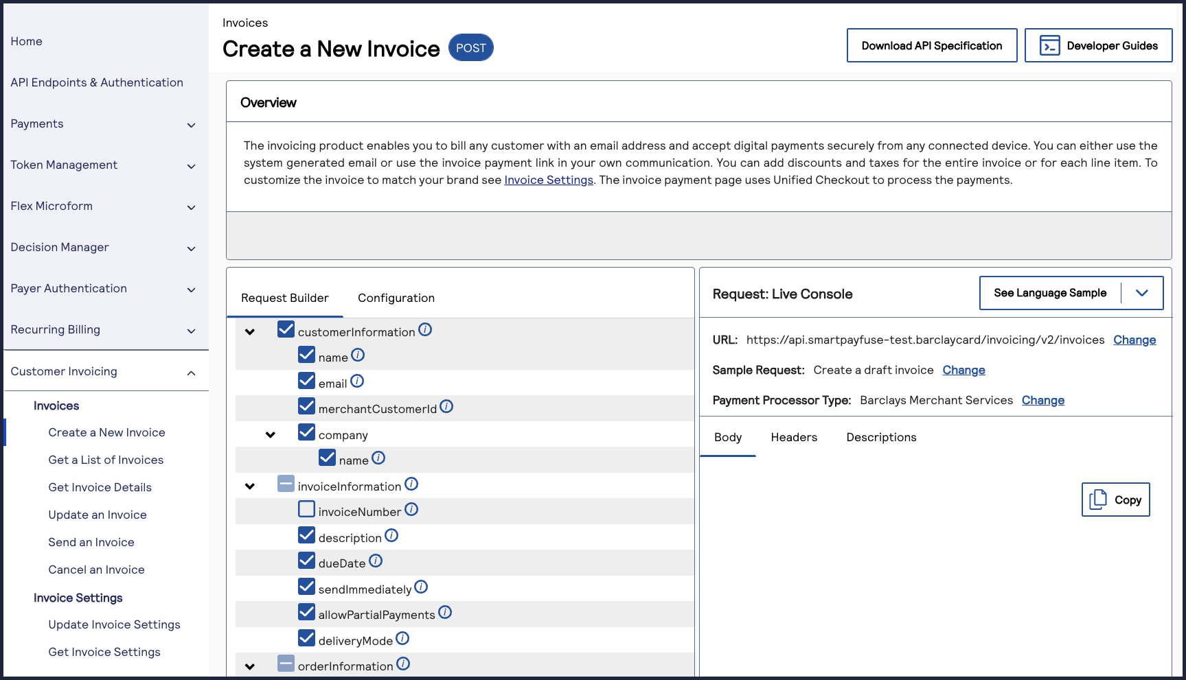 Image and link to the interactive code example for creating a new
                            invoice.