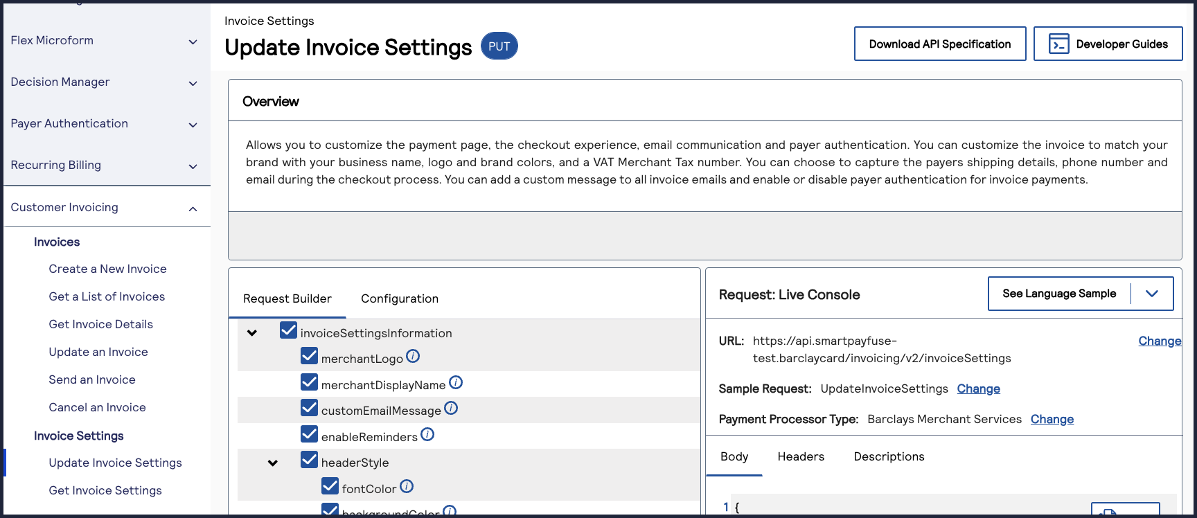 Image and link to the interactive code example for updating invoice
                                settings.