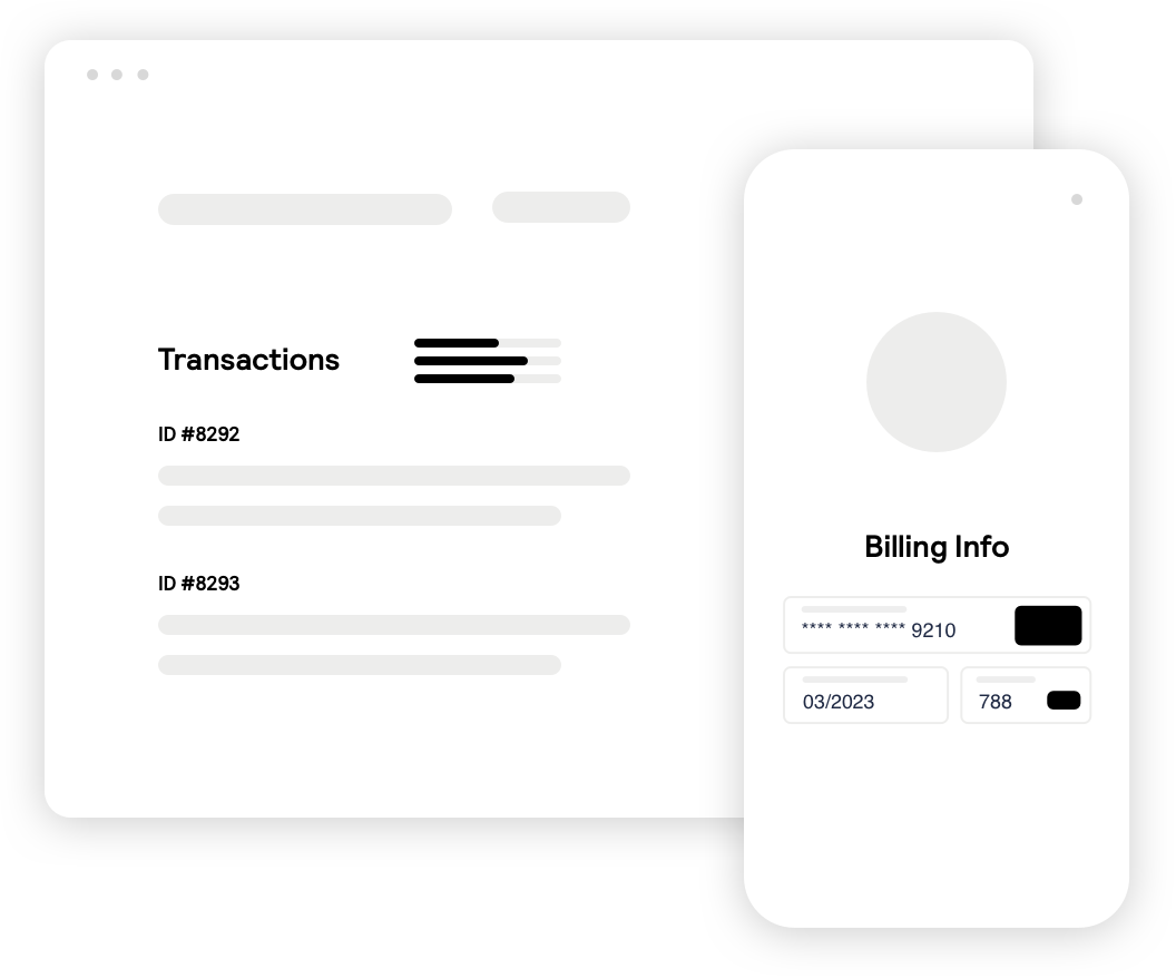 illustration of a transaction screen, billing info screen on a mobile phone, and a decorative arc